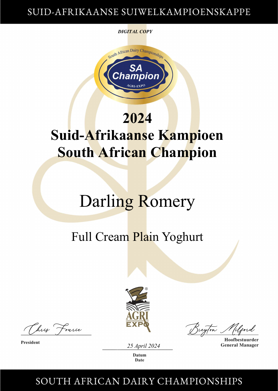 Certificate preview for Full Cream Plain Yoghurt