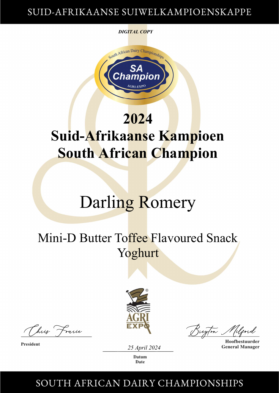 Certificate preview for Mini-D Butter Toffee Flavoured Snack Yoghurt